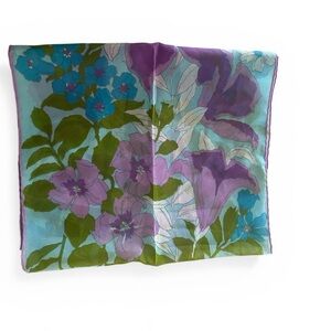 Baar & Beards Floral Silk Scarf in Lavender, Aqua & Olive hand rolled edge